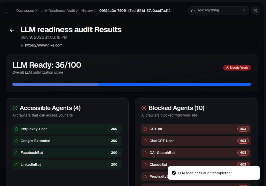 AI Rankia — LLM Readiness Audit showing 36/100 score and blocked AI crawlers including GPTBot and ClaudeBot