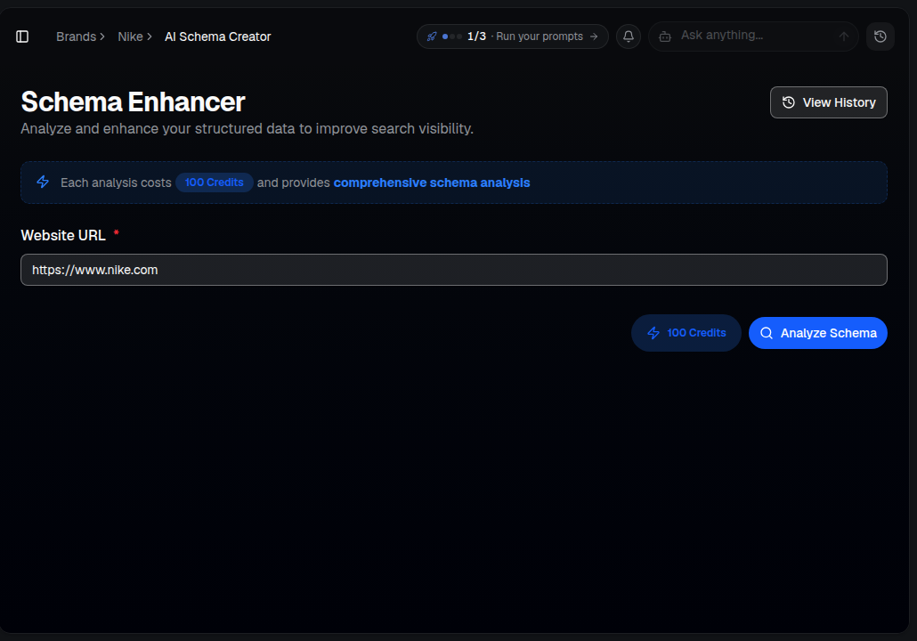 AI Rankia — AI Schema Creator input screen with website URL and Analyze Schema button