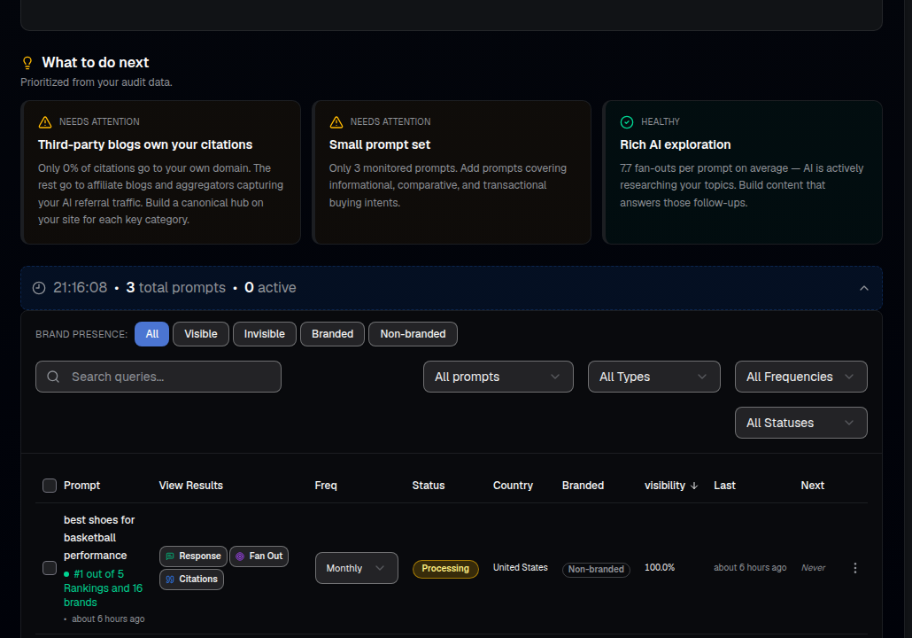 AI Rankia — AI Visibility Overview showing "What to do next" insights and a per-prompt ranking table with visibility percentages