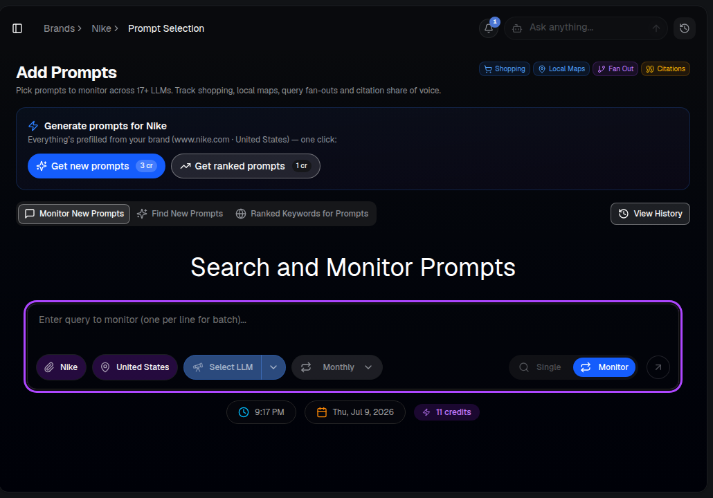 AI Rankia — Add Prompts screen with the Search and Monitor Prompts box, brand and country chips, and Single/Monitor toggle