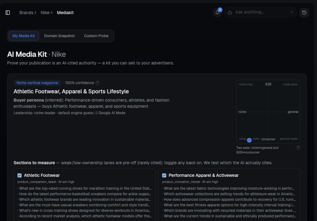 AI Rankia — AI Media Kit showing publication classification, buyer persona and sections measured by AI citation